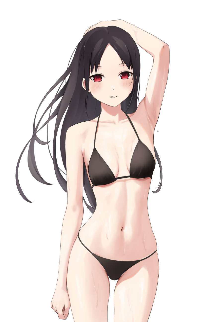 1girls armpits bare_shoulders belly bikini black_bikini black_bra black_hair black_panties black_swimsuit black_underwear blush bra breasts calm cleavage collarbone coro_fae embarrassed female female_only hand_on_head hand_up highres kaguya-sama_wa_kokurasetai_~tensai-tachi_no_renai_zunousen~ legs light-skinned_female long_hair looking_at_viewer midriff navel panties red_eyes shinomiya_kaguya small_breasts smile solo standing stomach sweat sweating swimsuit thighs underwear waist wet white_background