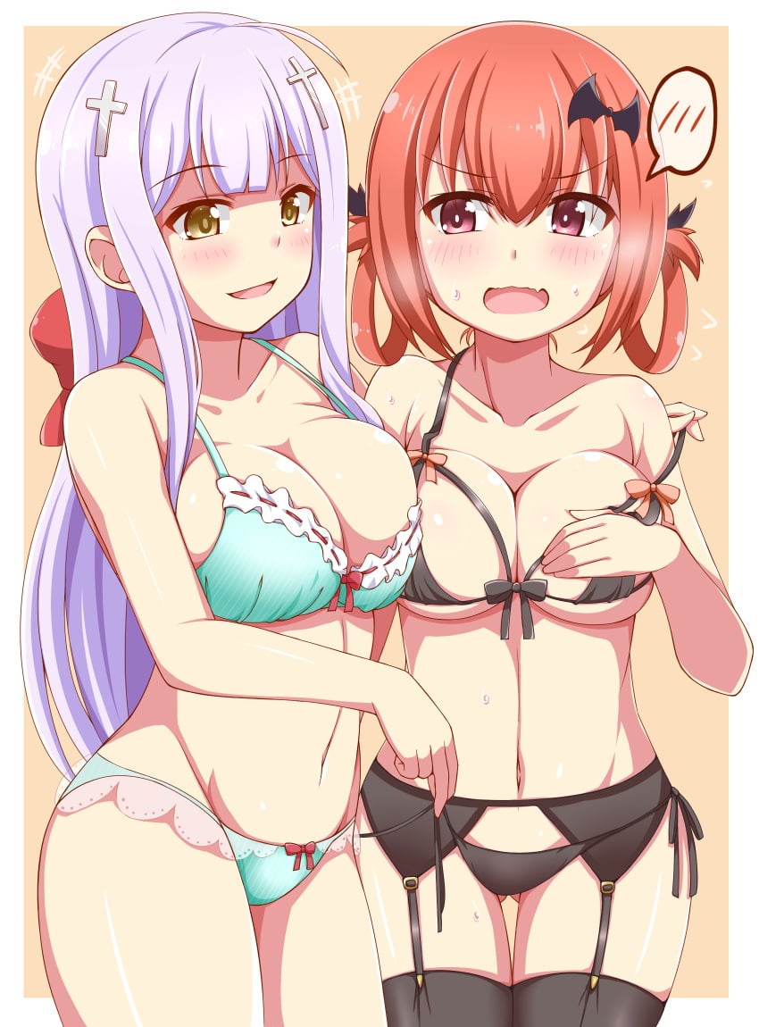 +++ 2girls ahoge aqua_bra aqua_panties ass_visible_through_thighs bangs black_bow black_bra black_legwear black_panties blush bow bow_bra bow_panties bra breast_press breasts collarbone commentary_request covering covering_one_breast cowboy_shot cross_hair_ornament dou-t furrowed_brow gabriel_dropout garter_belt hair_ornament highres holding kurumizawa_satanichia_mcdowell large_breasts light_purple_hair long_hair looking_at_another multiple_girls navel oerba_yun_fang open_mouth orange_hair panties parted_lips pink_bow pink_eyes raphiel_shiraha_ainsworth red_bow ribbon-trimmed_bra satanichia_kurumizawa_mcdowell shiraha_raphiel_ainsworth side-tie_panties skin_fang smile standing sweat thick_thighs thighhighs underwear underwear_only untied untied_panties wavy_mouth yellow_eyes yuri