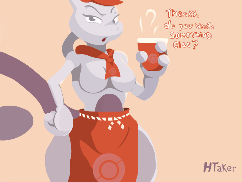 animal_humanoid anthro apron ass belly belly_button beverage big_ass big_butt boobs breasts clothing coffee female female_mewtwo fur furry grey_body grey_fur hugotaker humanoid legendary_pokémon maid mammal mammal_humanoid mewtwo nintendo nude pokemon pokemon_(species) pokemon_cafe_mix pokemon_only solo uniform video_games