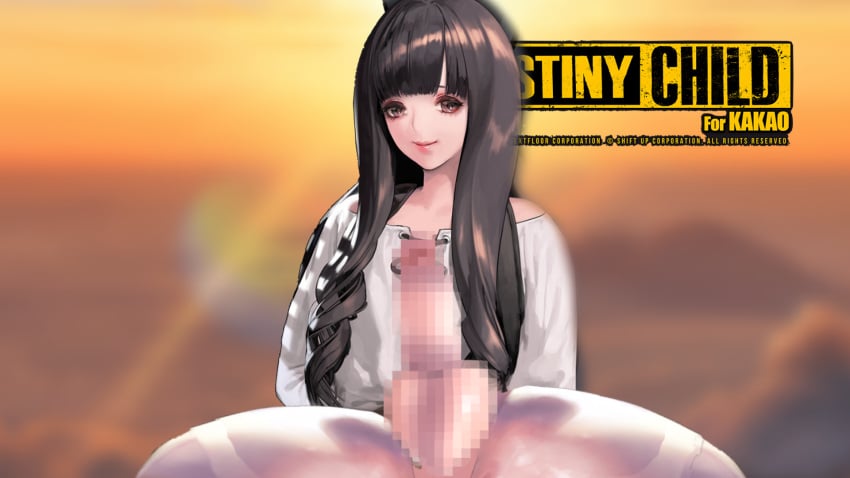 1futa artist_request balls bangs bottomless brown_hair censored clothed clothing destiny_child futa_only futanari hildr_(destiny_child) human light_skin long_hair mosaic_censoring partially_clothed penis shiny_skin solo source_request testicles thick_thighs