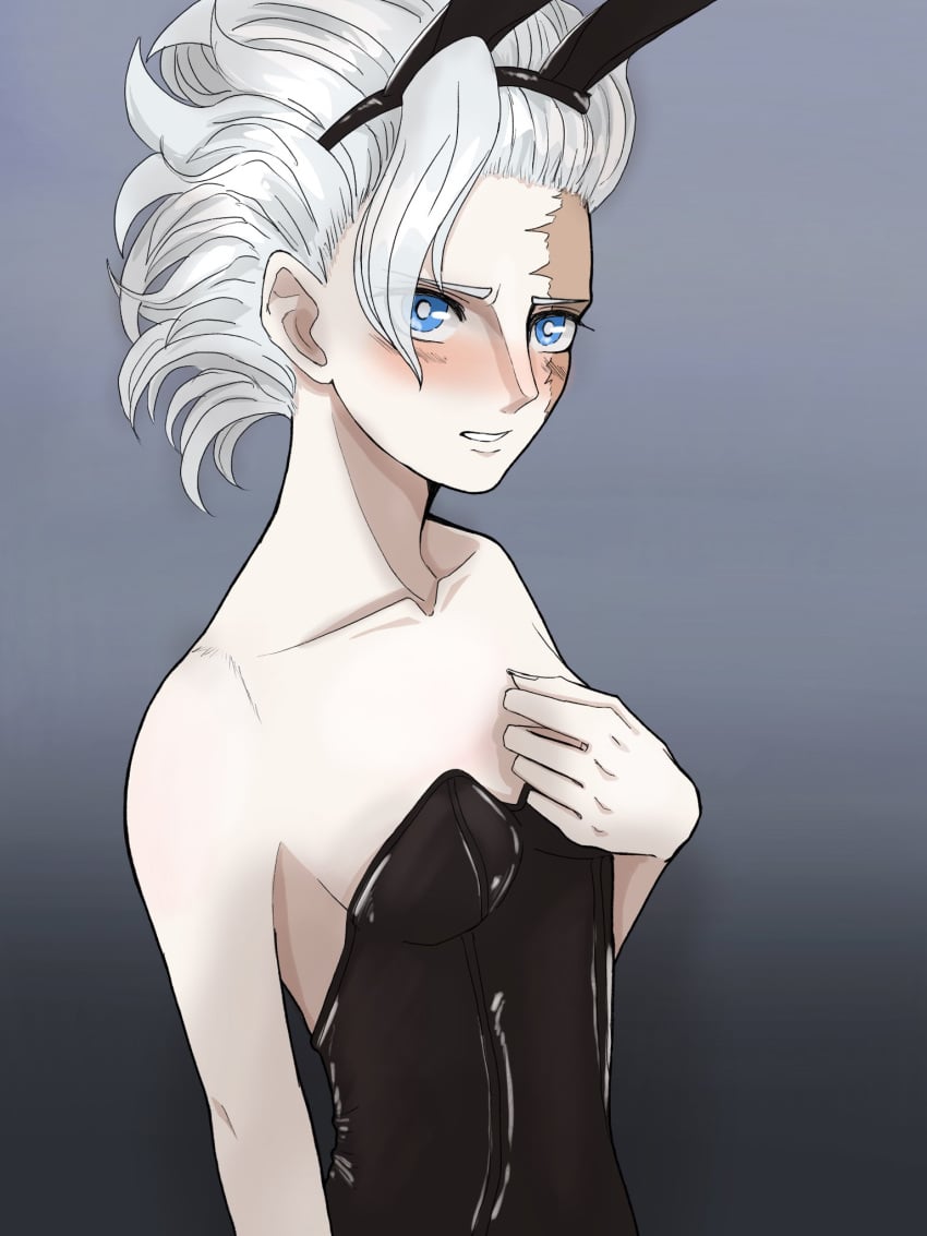 alternate_costume ambiguous_gender androgynous belaf blue_eyes blush bunny_ears bunnysuit burn_scar curly_hair embarrassed facial_scar flat_chest made_in_abyss messy_hair pale_skin playboy_bunny scar short_hair silver_hair solo upper_body white_hair