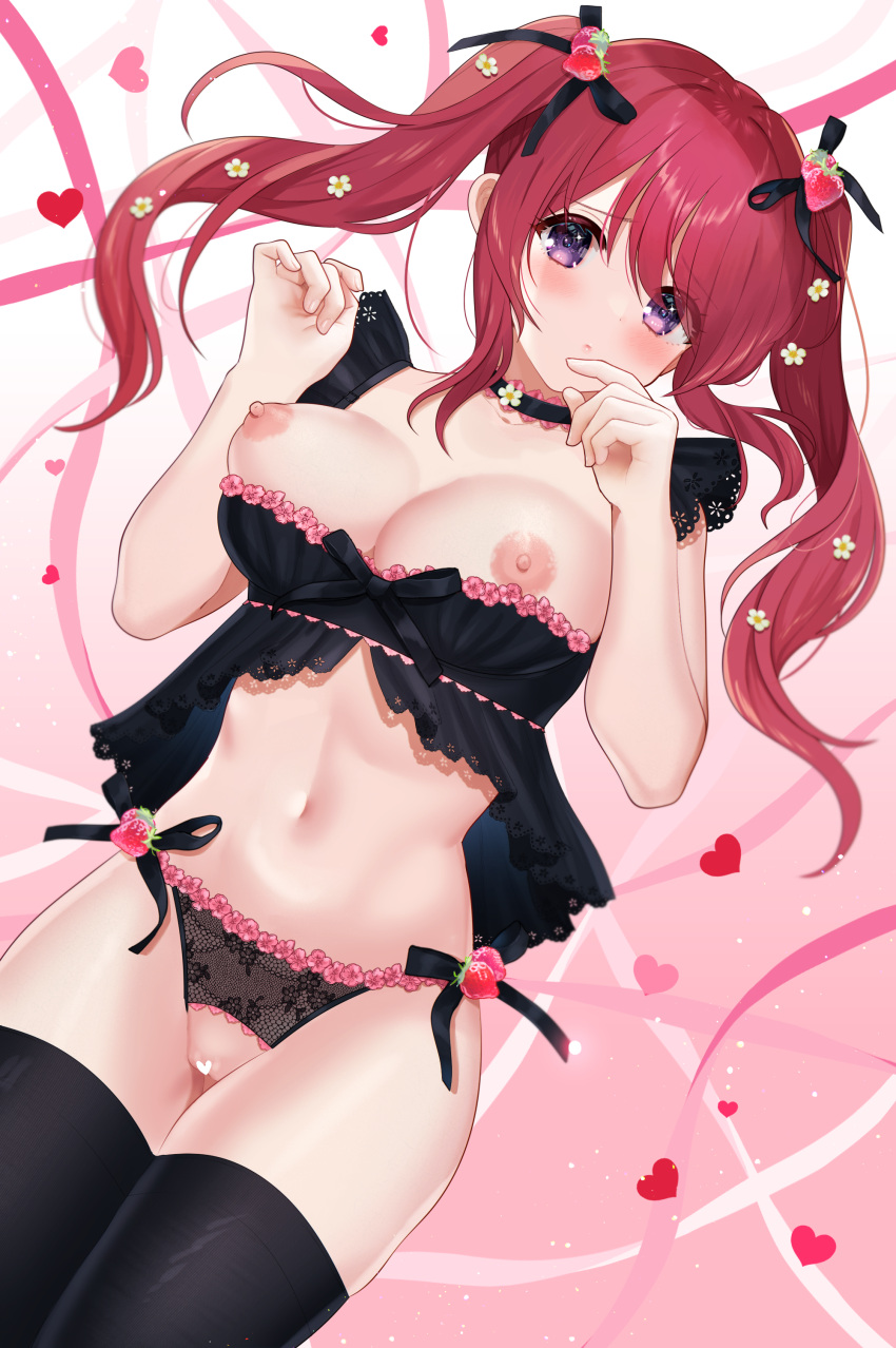 absurdres babydoll bangs black_choker black_panties black_ribbon black_thighhighs blush breasts censored choker crotchless crotchless_panties eyes_visible_through_hair female flower food food_on_head fruit fruit_on_head hair_flower hair_ornament hair_ribbon heart heart_censor highres koikeyaoishi lace-trimmed_sleeves lace_trim large_breasts lingerie long_hair looking_at_viewer lying navel nipples no_bra object_on_head on_back original panties pink_ribbon purple_eyes pussy red_hair ribbon side-tie_panties solo stomach strawberry swept_bangs thighhighs twintails underwear