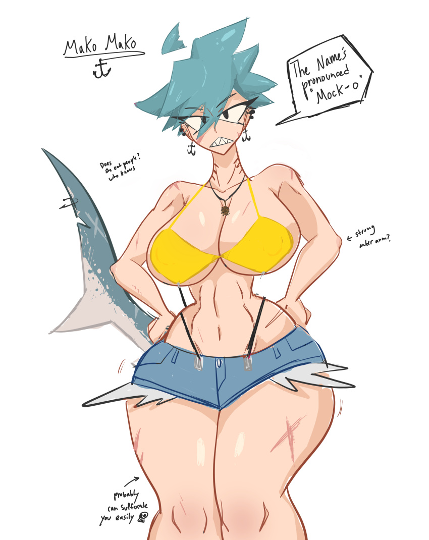 1girls ass bikini bikini_bottom blue_hair butt_crack butt_focus diverp fish hands_on_hips in_water jean_shorts jeans mad mako_mako scars shark shark_fin shark_girl shark_humanoid shark_tail shark_teeth solo solo_female text water