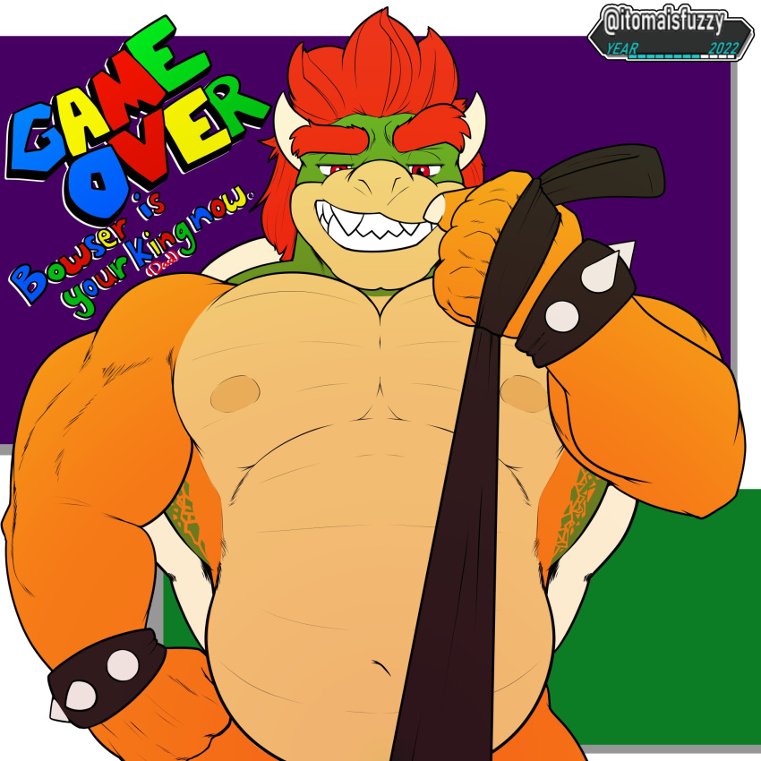 1boy 1girls 2022 anthro bara bedroom_eyes belly big_muscles bowser bowser_day bracelet claws daddy daddy_kink dated dominant english_text eyebrows first_person_view front_view furry hair hi_res horn itoma itomaisfuzzy jewelry koopa leash leash_pull leashed_pov looking_at_viewer male male_only mario_(series) musclegut muscular muscular_anthro muscular_male narrowed_eyes navel nintendo nipples non-mammal_nipples nude pecs reptile scalie seductive shell simple_background smile solo spiked_bracelet spiked_shell spikes spikes_(anatomy) standing teeth text url video_games watermark