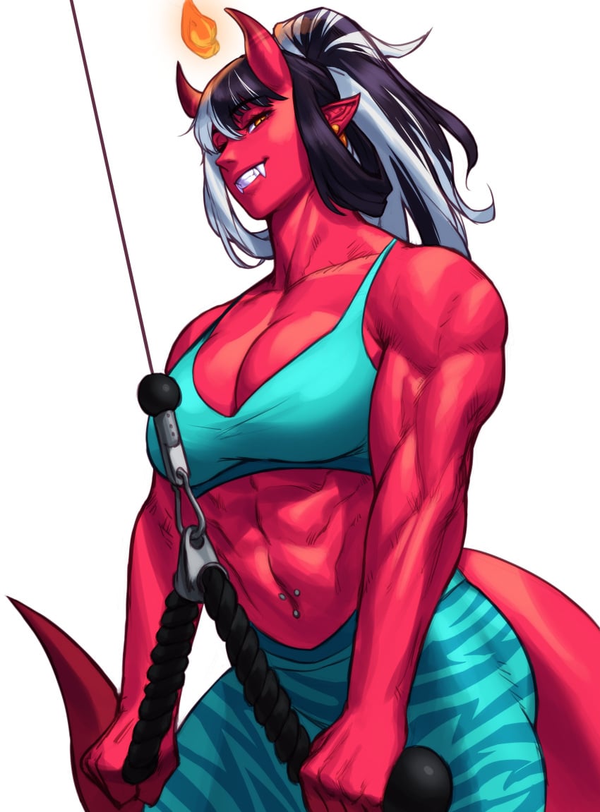 1girls absurd_res big_breasts black_hair breasts commission fangs female female_only horns long_hair looking_at_viewer muscular muscular_female narrowed_eyes navel_piercing oni oni_horns orange_eyes pointy_ears ponytail red-skinned_female red_skin slit_pupils smiling smiling_at_viewer solo sotcho tail teeth_showing two_tone_hair white_background white_hair workout workout_clothes