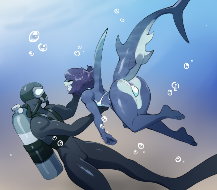 anthro anus ass clothing diving_mask duo femboy fish food get_rotated girly ground_shark hammerhead_shark hammie_(nedoiko) hi_res male male_only marine mask meme nedoiko scuba scuba_diver scuba_gear shark shark_boy shitpost swimming swimwear underwater water