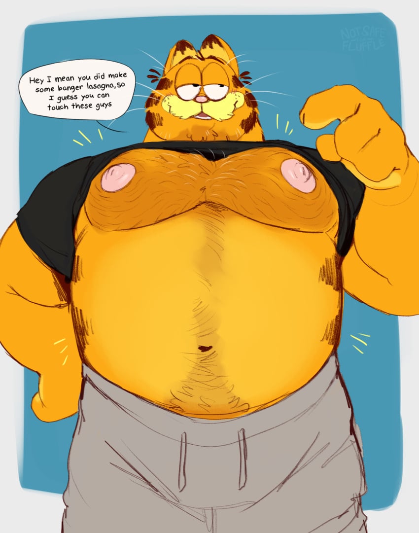 anthro big_belly big_pecs cat_humanoid fat flufflecraft garfield_(series) garfield_the_cat hairy_chest hairy_male male_only muscular_male nipples sweatpants