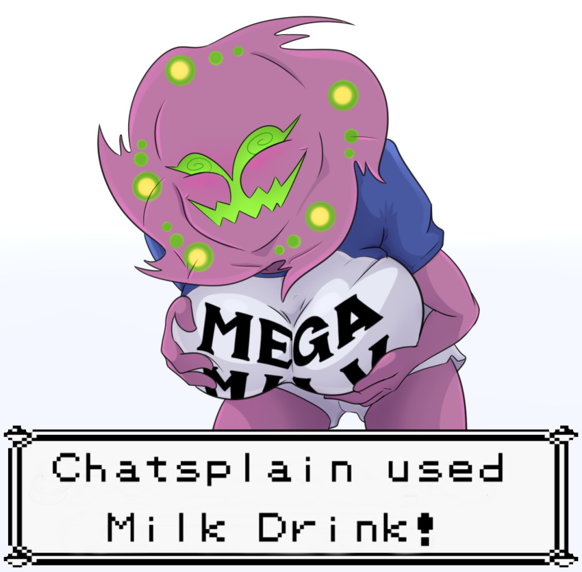 alternate_species big_breasts breasts clothed clothing english_text female hand_on_breast heart0fink_(artist) hi_res humanoid humanoidized humor looking_at_viewer mega_milk meme monster_girl_(genre) nintendo not_furry pokémon_(species) pokémorph pokemon shirt simple_background solo spiritomb text text_box text_on_clothing text_on_shirt text_on_topwear topwear video_games white_background