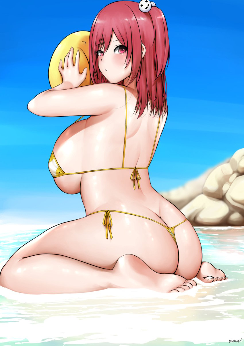 1girls 2022 ass ass_cleavage azur_lane bare_ass bare_shoulders barefoot bikini blue_sky breasts butt_crack commentary day dead_or_alive dead_or_alive_xtreme_beach_volleyball english_commentary fat_ass female g-string g-string_only hair_ornament highres honoka_(doa) honoka_(summer_angel_on_the_shore)_(doa) huge_breasts long_hair looking_at_viewer looking_back manjuu_(azur_lane) mivioppai print_bikini red_eyes red_hair shallow_water side-tie_bikini skull_hair_ornament sky soaking_feet soles solo string_bikini sukusan swimsuit thong thong_bikini toes two-tone_bikini wariza water