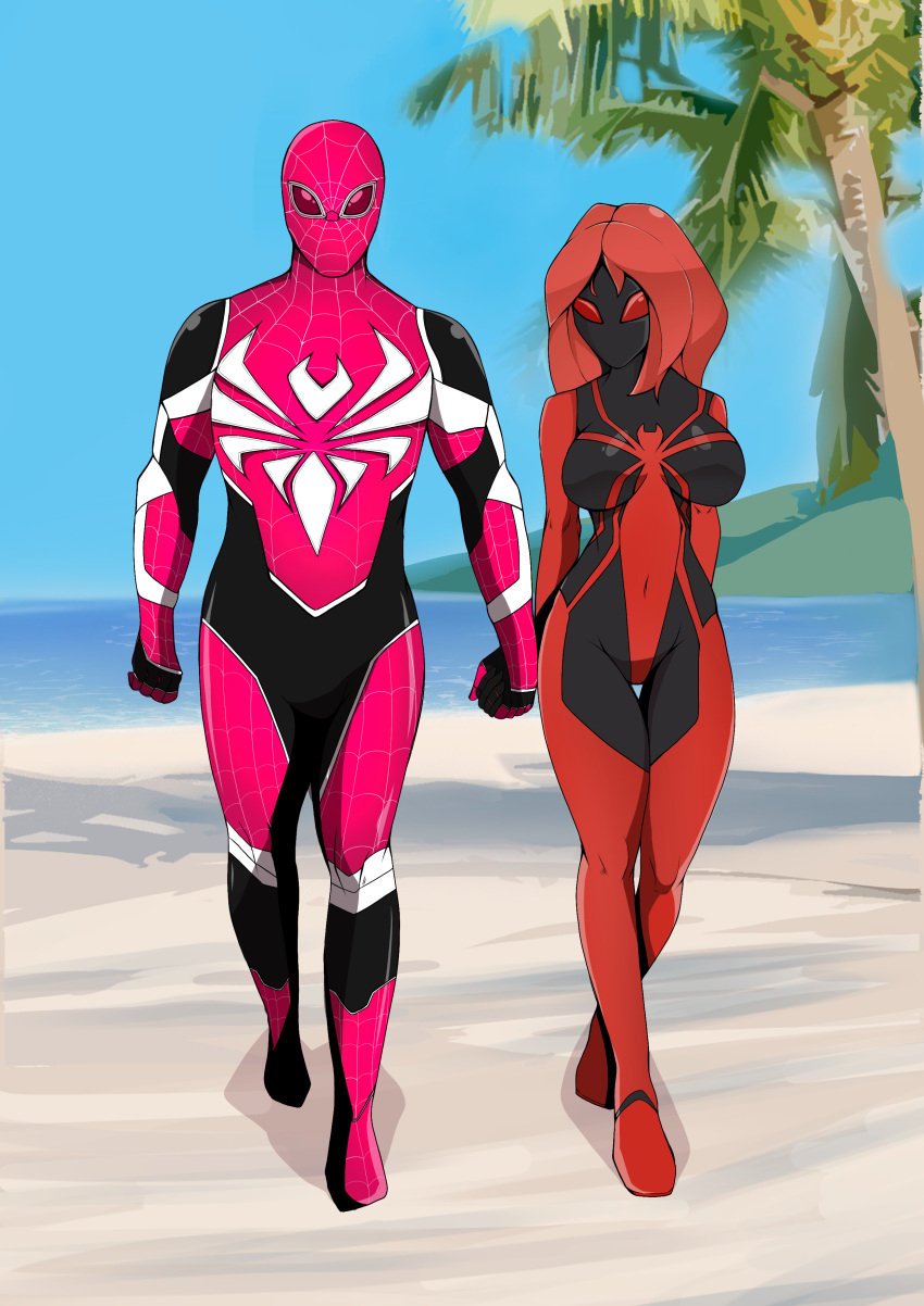 ashmount beach beach_background commission costume costumes eyes_locked female handholding male marvel marvel_comics mary_jane_watson miles_morales redesign rmumu scarlet_mj spider-man spider-man_(series) spider-woman straight_hair summer