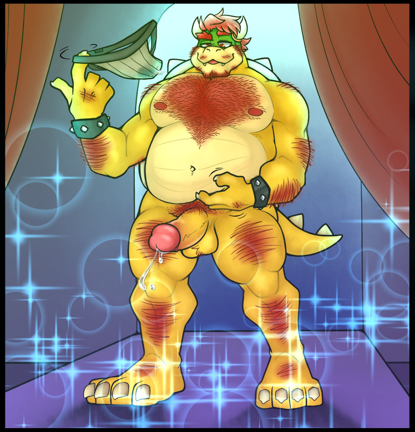 2022 anthro arm_hair balls barefoot beard belly big_belly black_border bodily_fluids body_hair border bowser bowser_day bracelet chest_hair claws clothing curtains erection eyebrows facial_hair feet genital_fluids genitals hair hairy hi_res holding_belly horn horn_jewelry horn_ring hotoshuken humanoid_genitalia humanoid_penis inside jewelry jockstrap koopa leg_hair male male_only mario_(series) moobs narrowed_eyes navel nintendo nipples non-mammal_balls non-mammal_nipples nude overweight overweight_anthro overweight_male penis plantigrade precum pubes ring_(jewelry) scalie shell smile solo sparkles spiked_bracelet spiked_shell spiked_tail spikes spikes_(anatomy) stage standing teeth underwear video_games