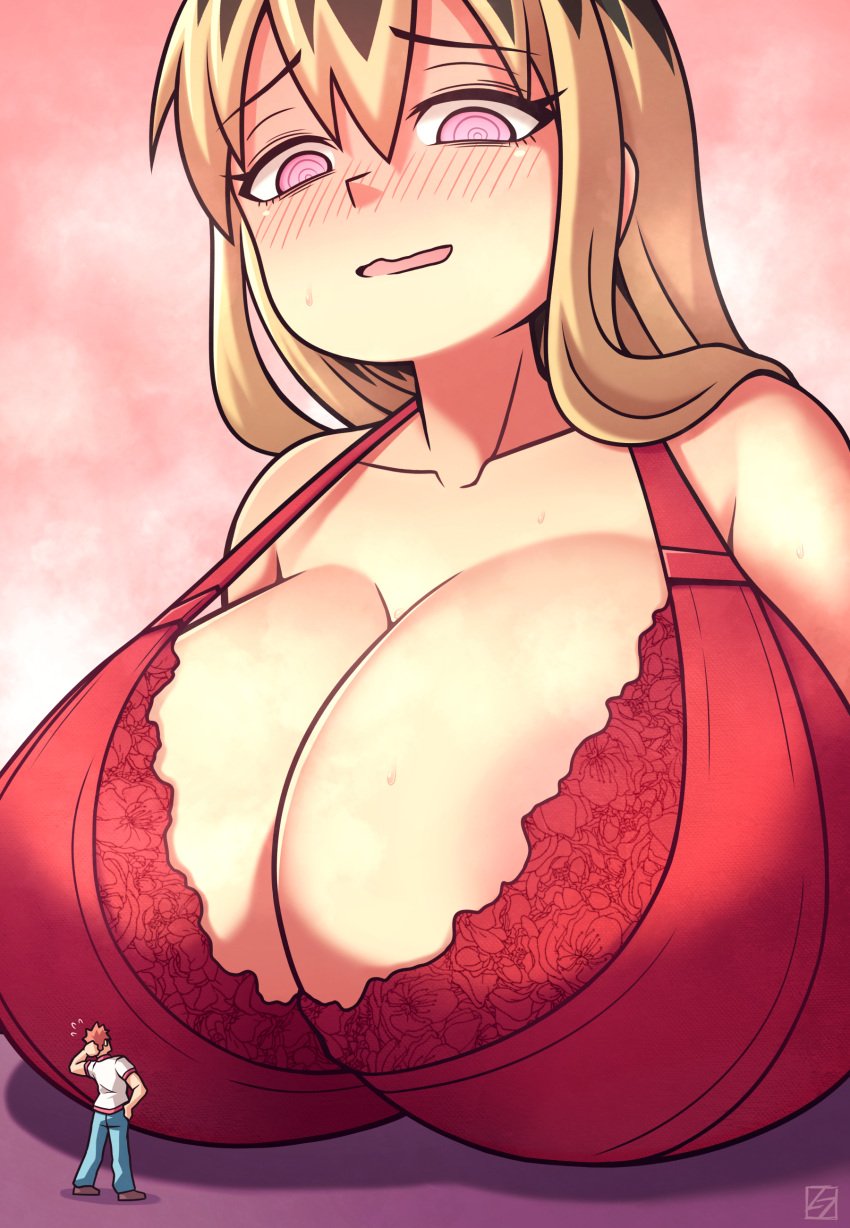 1boy 1girls 2022 areola_slip batsuichide_nakimushina_otonarisan big_breasts bigger_female blush bra breasts cleavage giantess huge_breasts lingerie my_divorced_crybaby_neighbour ochiai_san pink_eyes sawatari_kun smaller_male sweat tagme thunderafterdark two_tone_hair