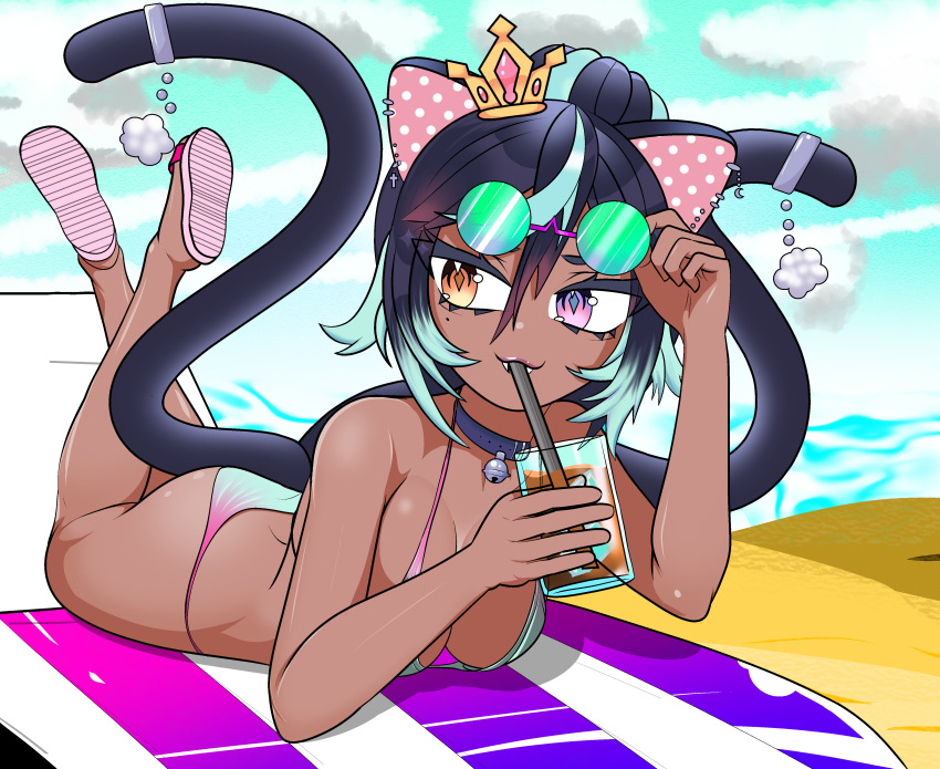 2_tails absurd_res animal_humanoid bikini black_hair breasts cat_humanoid cleavage clothed clothing drinking eyewear eyewear_on_head felid felid_humanoid feline feline_humanoid female hair hi_res humanoid lying mammal mammal_humanoid multi_tail on_front solo sunglasses sunglasses_on_head swimwear wallyroo