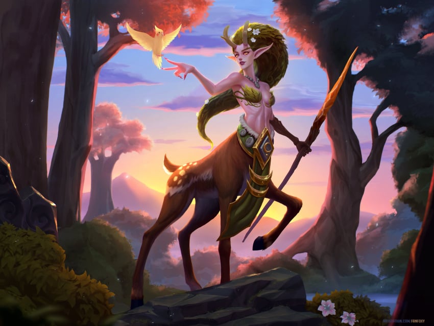 1girls bird bra centauress cervitaur deer_girl deer_taur dryad_(warcraft) elf_ears fanfoxy forest green_hair hair_flower holding_spear holding_weapon hooves horns leaf_hair long_ears lunara nature nature_background necklace one_leg_up orange_eyes outside pointy_ears river sfw sharp_fingernails solo strapless_bra very_long_hair warcraft wooden_staff world_of_warcraft