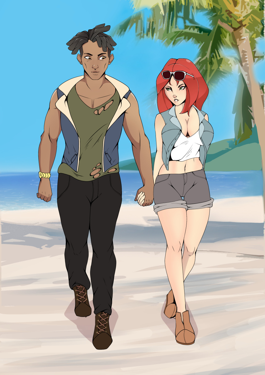 ashmount beach beach_background biracial black_hair casual casual_clothes commission cute dark-skinned_male dark_skin eyes_locked female green_eyes handholding hispanic human human_only interracial jewelry latino light-skinned_female light_skin looking_at_another male marvel marvel_comics mary_jane_watson miles_morales orange_eyes outdoors outside red_hair rmumu romantic romantic_ambiance scarlet_mj spider-man spider-man_(series) spider-woman straight straight_hair summer sunglasses sunglasses_on_head tan-skinned_male wholesome