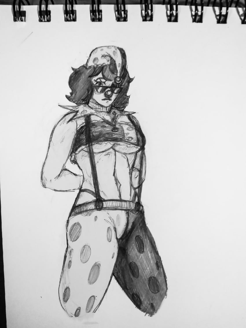 bebey_(streamer) belly belly_button big_breasts black_and_white choker clown clown_girl clown_makeup clown_nose clussy_bebs glasses hands_behind_back looking_at_viewer pencil_(artwork) polka_dot polka_dot_clothing polka_dot_legwear rule_63 seraphim_terro sunglasses suspenders underboob youtube youtuber деградач