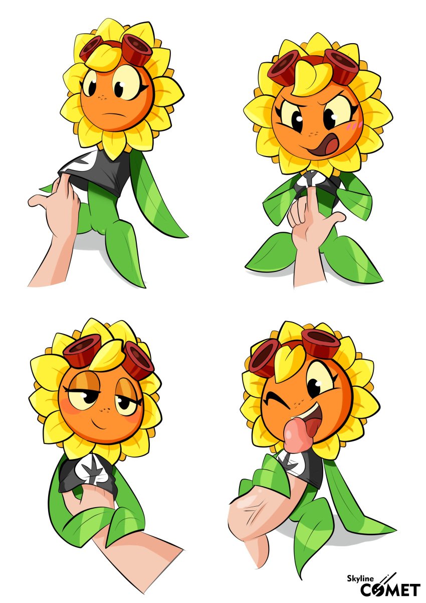 anthro anthrofied cute female flora_fauna flower_creature hand hand_under_clothes human licking_penis offscreen_male penis penis_under_shirt plant plant_girl plant_humanoid plants_vs_zombies plants_vs_zombies:_heroes skyline_comet solar_flare_(pvz) sunflower_(pvz) tagme