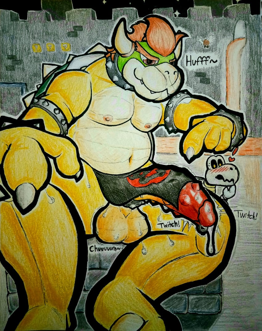 2022 ?_block absurd_res anthro balls big_balls big_penis blush bodily_fluids bottomwear bowser breath clothed clothing clothing_lift dripping dry_bones duo embarrassed english_text genital_fluids genitals gesture goomba hi_res kim_trello koopa loincloth loincloth_lift male male_only mario_(series) musclegut muscular muscular_male nintendo nipples nubbed_penis onomatopoeia panting paragoomba penis pointing precum scalie slightly_chubby solo sound_effects super_mario_bros. sweat text traditional_media_(artwork) video_games