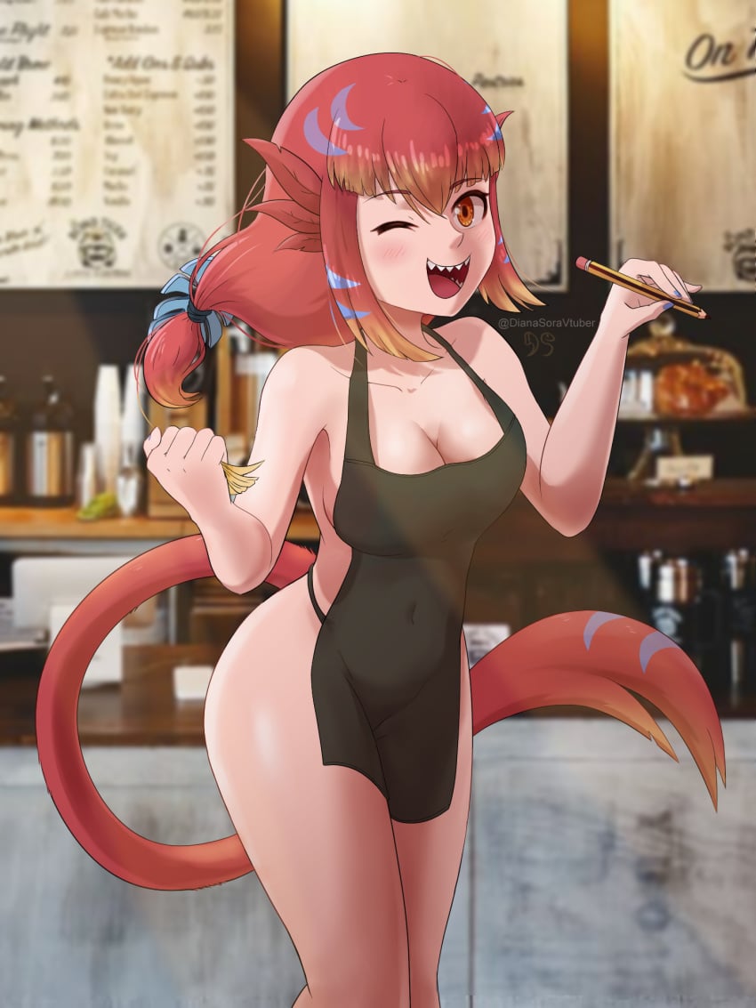 amber_eyes apron apron_only cleavage diana_sora kemonomimi red_hair sharp_teeth waitress