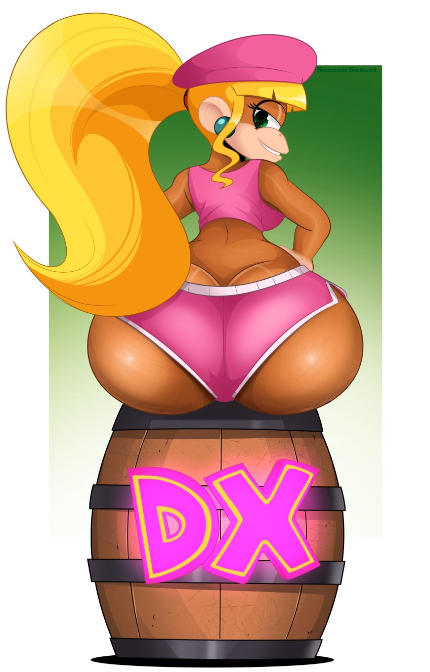 absurd_res anthro ass ass_cleavage back_boob barrel beret big_ass breasts butt_crack butt_focus clothed clothing dixie_kong donkey_kong_(series) english_text female fur furry furry_only green_eyes hair hat headgear headwear hi_res kong looking_at_viewer looking_back mammal monkey monkey_girl nintendo pink_shorts ponytail primate rear_view simple_background sitting solo sonson-sensei text video_games white_background wide_hips