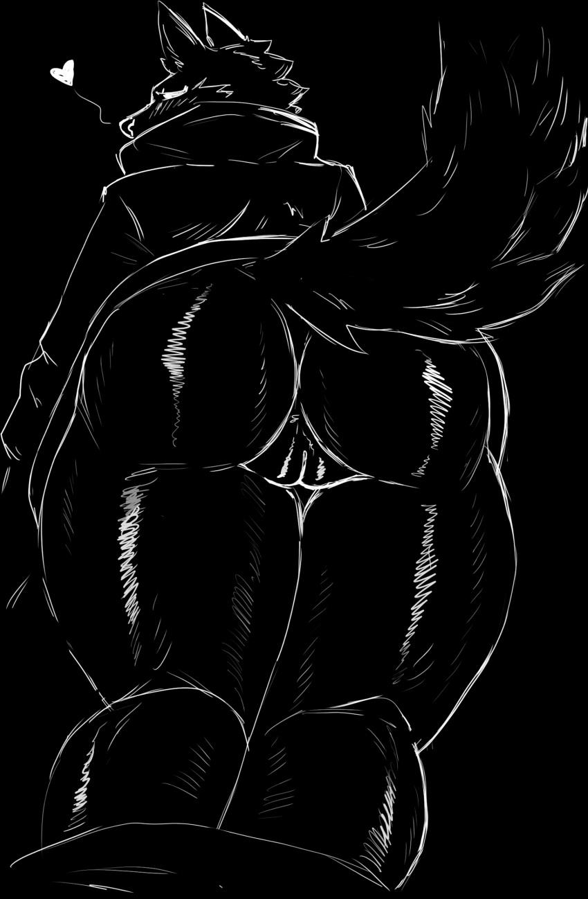 absurd_res anthro ass canid canine canis demonstration female fifty_seventh_(kofomy) genitals heart hi_res kofomy mammal monochrome pussy solo thick_thighs wolf