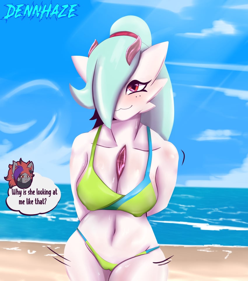 absurd_res alternate_hairstyle anthro beach bikini blush bodily_fluids chelsea_the_gardevoir clothed clothing curvy_figure dennhaze digital_media_(artwork) emoji facial_markings female gardevoir hair head_markings hi_res humanoid markings motion_lines nintendo pokémon_(species) pokemon pokemon_(species) sand seaside shiny_pokemon signature simple_background sky smile solo speech_bubble spikes spikes_(anatomy) swimwear text video_games wide_hips zoroark zorphis_(dennhaze) zorphis_the_zoroark