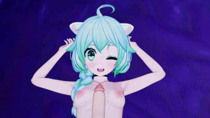 braid breasts cum ferret_girl green_eyes green_hair indie_virtual_youtuber koikatsu laimu one_eye_closed paizuri penis self_upload small_breasts sweat sweating throwqwerty titfuck titjob twitch uncensored vinesauce virtual_youtuber vtuber