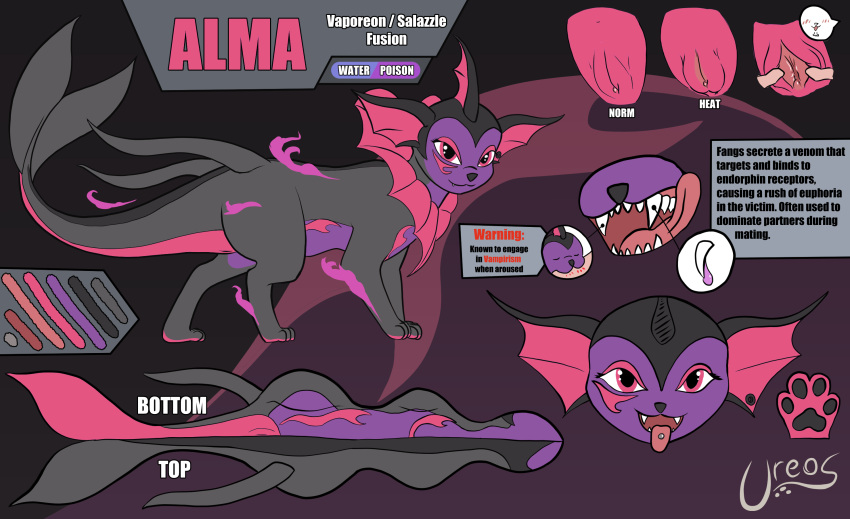 alma_(ureos) bared_fangs bared_teeth ear_piercing eeveelution english_text fangs female feral genitals hi_res model_sheet nintendo pheromones piercing plump_labia pokémon_(species) pokemon pokemon_(species) pussy salazzle solo text tongue tongue_out tongue_piercing ureos_(artist) vaporeon video_games