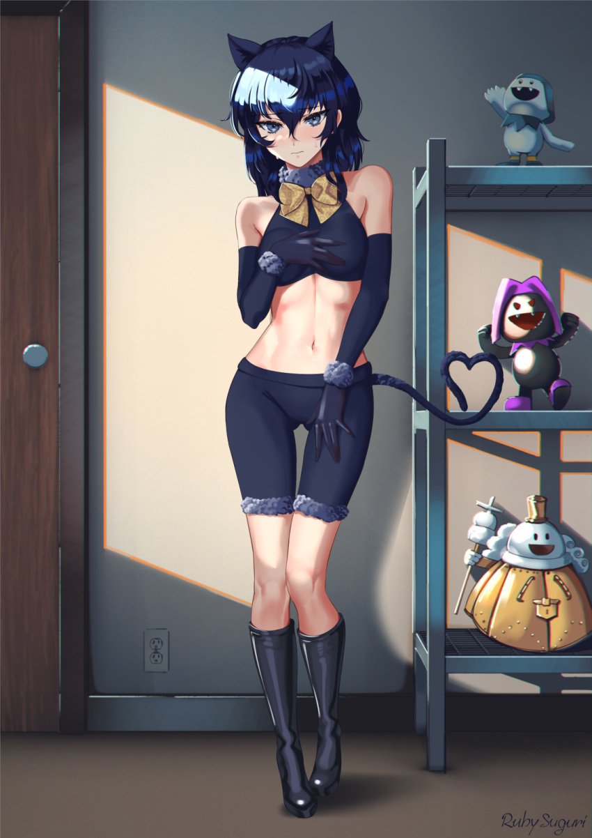 1girls black_frost_(megami_tensei) blue_eyes blue_hair blush bowtie cat_ears cat_tail catgirl door elbow_gloves electrical_outlet female female_only fur_trim gloves halloween_costume hand_covering_breasts hand_on_breast hand_on_thigh heart-shaped_tail high_heel_boots high_heels jack_frost_(megami_tensei) looking_at_viewer medium_breasts persona persona_4 ruby_suguri shelf shirogane_naoto shoulder_length_hair skirt