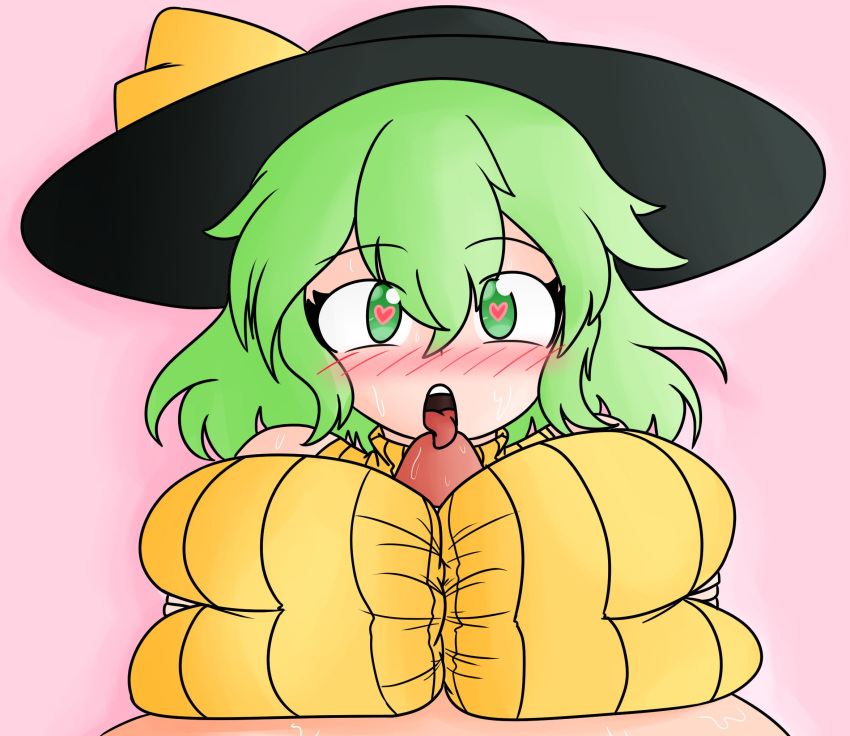 1boy 1girls alternate_breast_size big_breasts blush breasts color engulfing_paizuri female green_hair hat heart-shaped_pupils huge_breasts koishi_komeiji large_breasts licking licking_penis looking_at_viewer male paizuri paizuri_lead_by_female paizuri_on_lap paizuri_under_clothes penis penis_lick petelewddigger pink_background pov pov_eye_contact pov_paizuri straight tip_peeking titfuck titjob touhou