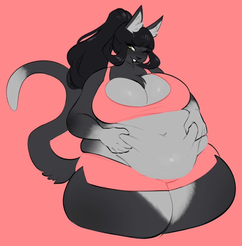 anthro big_breasts black_fur black_hair bra breasts fat feline female furry grey_fur hands_on_stomach long_hair overweight overweight_female pink_background ponytail saintsucrose shorts solo solo_female stomach_grab yellow_eyes