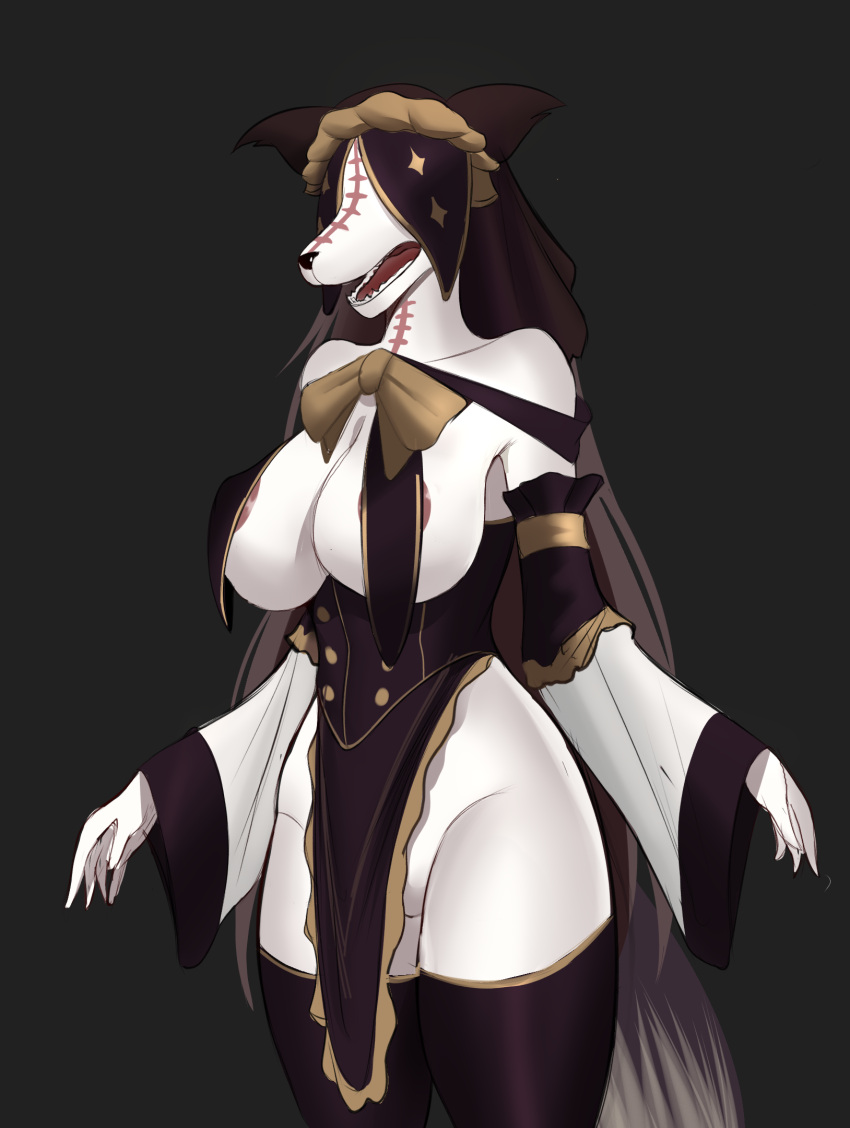 anthro areola big_breasts bluefoxsart breasts canid canine canis clothed clothing domestic_dog female hair herding_dog hi_res legwear mammal open_mouth overlord_(maruyama) pastoral_dog pestonya_shortcake_wanko scar sheepdog solo