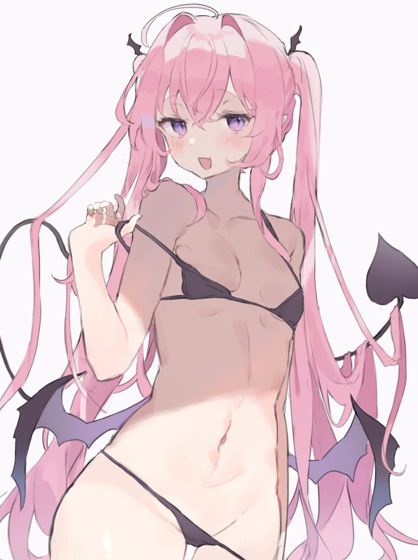 :3 :d absurdres bangs bikini bikini_pull black_bikini black_horns black_wings blush breasts clothes_pull demon demon_girl demon_tail demon_wings female grey_background hair_between_eyes hair_flowing_over head_wings highres horns long_hair low_wings micro_bikini o_(jshn3457) oerba_yun_fang open_mouth original pink_hair pointy_ears purple_eyes simple_background slit_pupils small_breasts smile solo succubus swimsuit tail twintails very_long_hair wings