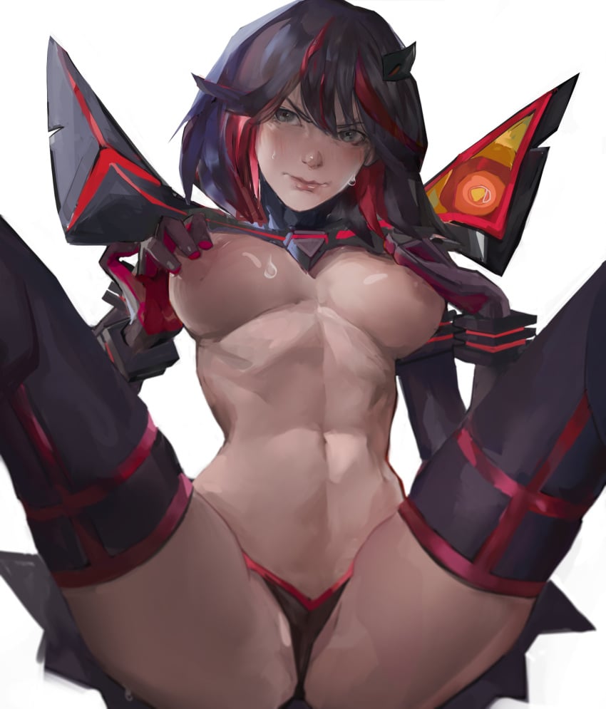 1girls areolae black_hair breasts facing_viewer female female_only gloves hand_on_breast hand_on_own_breast kill_la_kill legs_apart matoi_ryuuko nipples panties red_hair senketsu simple_background sitting solo solo_female streaked_hair tristanmori two_tone_hair white_background