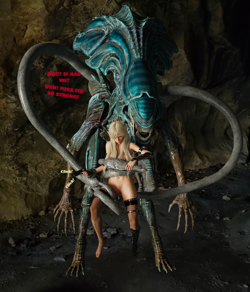 agent_26 alien bikini blonde_hair boots broken_rape_victim captured defeated forced helpless imminent_penetration imminent_rape imminent_sex pierced_nipples piercing rape realistic restrained scared shooting stockings tentacle that3dartist torture xenomorph