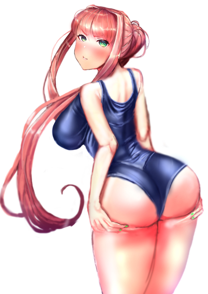 blue_swimsuit brown_hair doki_doki_literature_club fingernails green_eyes green_nails looking_at_viewer monika_(doki_doki_literature_club) nail_polish natsuwatch_(artist) plain_background ponytail swimsuit white_background