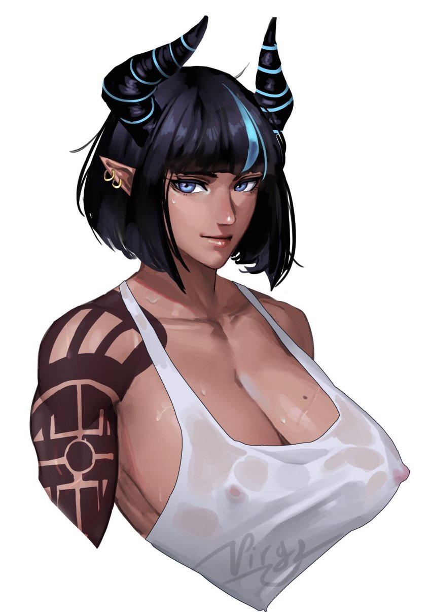 1girls bangs bare_shoulders big_breasts black_hair blue_eyes blue_highlights breasts cleavage dark-skinned_female dark_skin ear_piercing earrings female female_focus female_only horn horns large_breasts looking_at_viewer mole_on_breast nipple_bulge nipples nipples_visible_through_clothing piercing see-through_clothing short_hair shoulder_tattoo simple_background sole_female solo solo_female solo_focus tattoo transparent_clothing virgoart1509 wet_clothes white_background