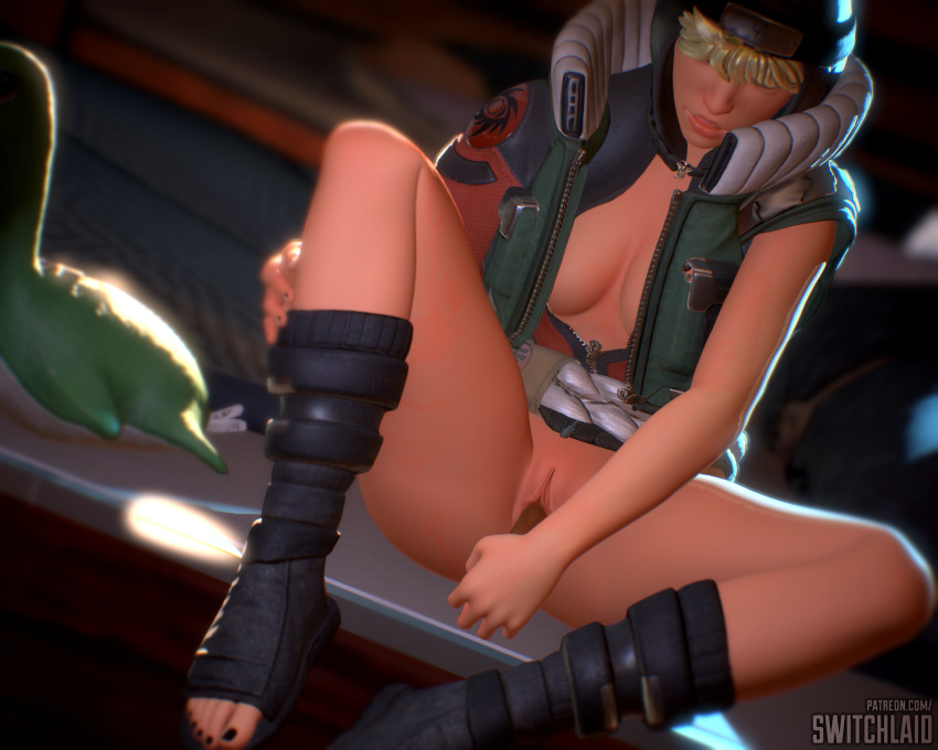 1girls 3d apex_legends bed black_toenails blonde_hair closed_eyes crossover dildo feet masturbation nessie partially_clothed sandals solo toes vest wattson_(apex_legends)