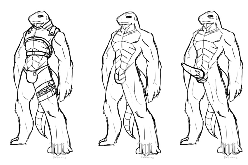 cloaca erection illuminatii lizard male_only monochrome muscles penis scalie solo