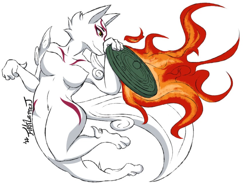 amaterasu anthro asian_mythology breasts canid canine canis capcom deity digital_drawing_(artwork) digital_media_(artwork) female firstletterj fur hi_res mammal markings mythology nipples nude okami simple_background smile solo video_games white_body white_fur wolf