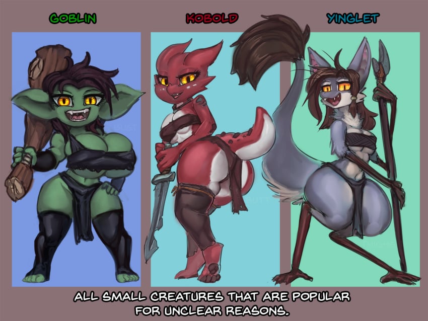 2022 anthro big_breasts blue_body blue_fur bottomwear breast_size_difference breasts brown_hair clothing digital_media_(artwork) english_text female fluffy fluffy_tail fur general-irrelevant goblin goblin_female green_body green_skin group hair huge_breasts humanoid kobold loincloth looking_at_viewer mammal navel out-of-placers red_body red_scales reptile scales scalie short_stack shortstack side_by_side text thick_tail thick_thighs trio webcomic wide_hips yellow_eyes yinglet