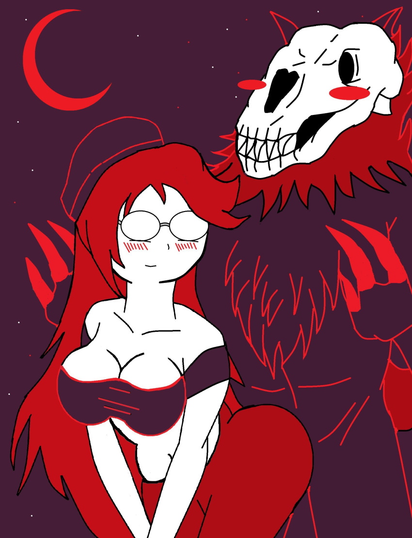 1girls ass ass_on_crotch beanie big_ass big_butt black_beanie black_bra black_eyes blood_moon blush bonewolf_(terato_tamer) claws cleavage digital_media fanart female female_human/male_monster fur glasses long_hair long_red_hair monster red_claws red_hair red_moon red_pants sharp_teeth skull_head stephanie_(terato_tamer) suggestive suggestive_gesture terato_tamer teratophilia white_skin yorickeldritch