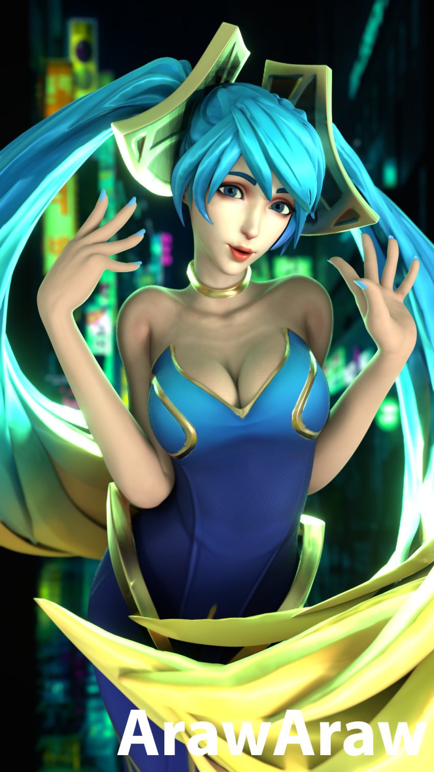 3d arawaraw blender blue_eyes blue_hair cleavage league_of_legends league_of_legends:_wild_rift poster sona_buvelle