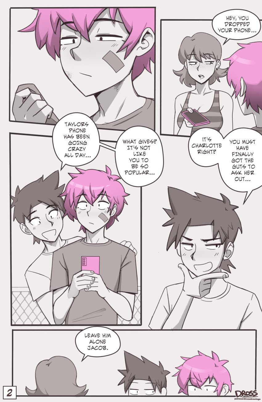 1girls 2boys bandaid breasts clothed clothing comic comic_page dialogue dross ear_piercing earrings english_text female jacob_(dross) male monochrome page_2 page_number phone pink_hair roxanne_(dross) shirt skater_boi_(dross) smartphone tagme taylor_(dross) text twink