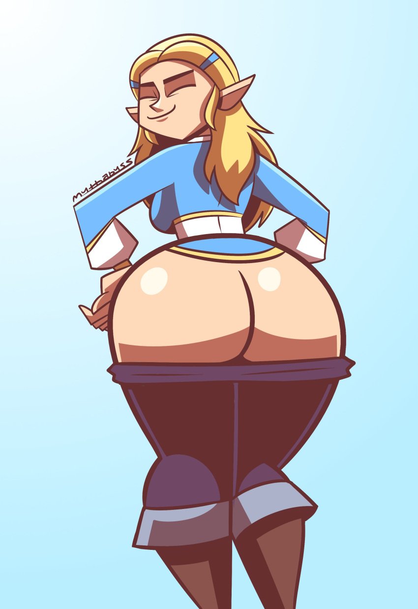 1girls ass big_ass blonde_hair breath_of_the_wild dat_ass eyes_closed female female_focus female_only huge_ass large_ass mooning mythabyss nintendo pants pants_down princess_zelda smile solo the_legend_of_zelda thick_thighs thighs wide_hips zelda_(breath_of_the_wild)