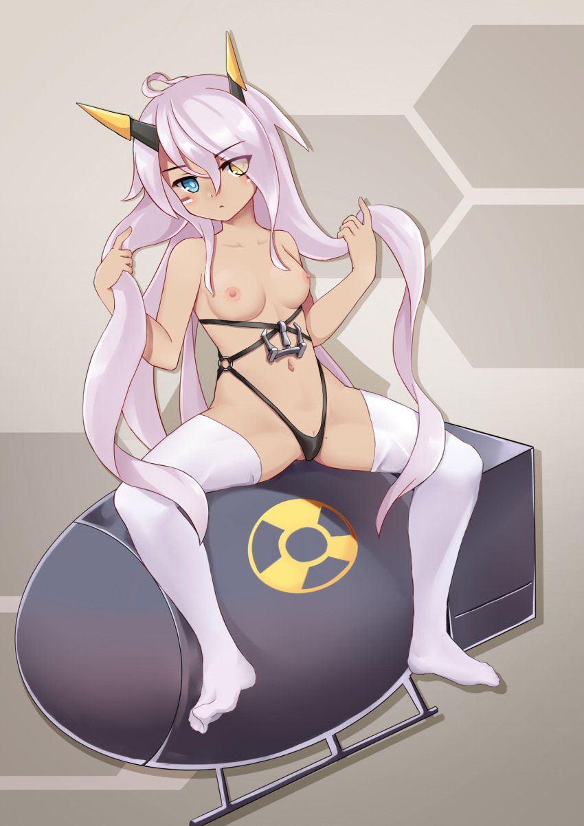 ahoge azur_lane bangs black_gloves black_panties blue_eyes blush breasts closed_mouth commentary_request dark-skinned_female dark_skin expressionless eyes_visible_through_hair facepaint female full_body gloves hair_between_eyes hand_in_own_hair heart heart_ahoge heterochromia highres horns indianapolis_(azur_lane) long_hair looking_at_viewer mechanical_horns medium_breasts navel nipples no_shoes nuclear_weapon panties pink_hair pussy pussy_peek radiation_symbol sitting solo the_hermit thighhighs twintails underwear very_long_hair white_thighhighs yellow_eyes