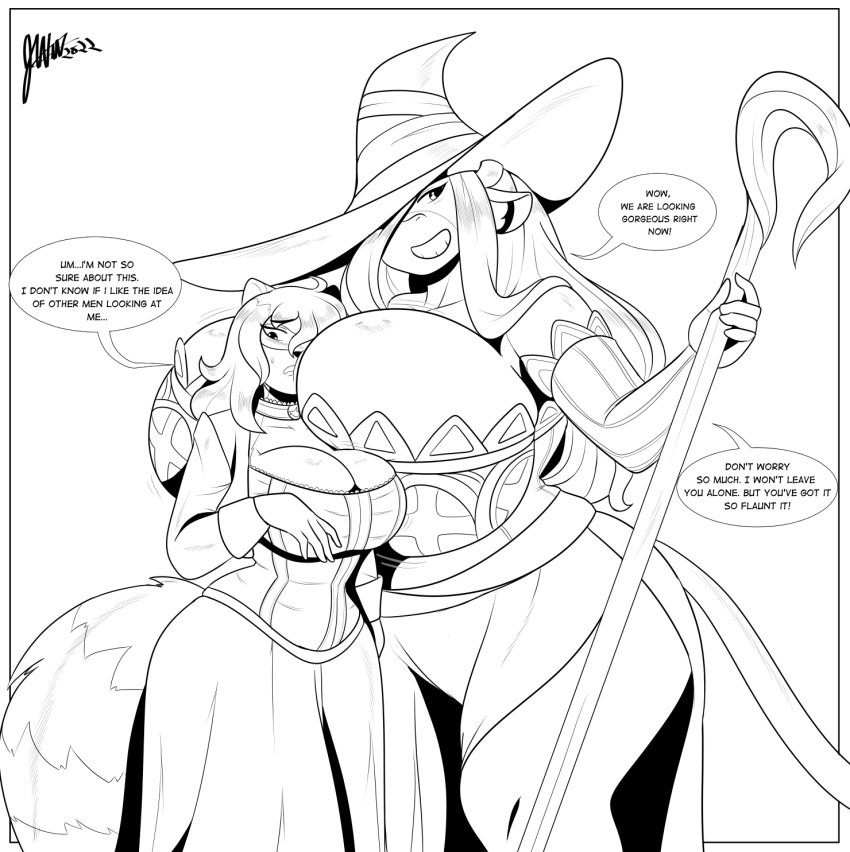 2girls artjwink big_breasts breast_press breasts dialogue face_between_breasts female jwinkz large_breasts long_hair multiple_girls smile smiling speech_bubble staff summer_(jwinkz) tagme text wit witch witch_costume witch_hat