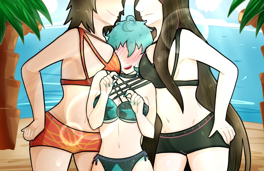 3girls alternate_version_available beach bikini bikini_bottom bikini_top black_hair black_shorts blush blush_lines breasts cleavage danganronpa danganronpa_2:_goodbye_despair danganronpa_s:_ultimate_summer_camp female_only genderswap_(mtf) hinata_hajime izuru_kamukura large_breasts long_hair mizumikahagoart multiple_girls nail_polish nails oc orange_shorts original_character painted_nails palm_tree rule_63 short_hair squished_between_breasts straight_hair super_danganronpa_2 swimming_trunks turquoise_hair turquoise_nails yuri