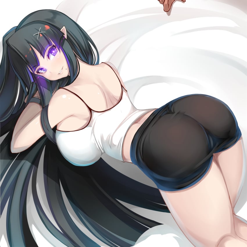 1girls bed bedroom big_ass big_breasts big_butt black_hair breasts bubble_ass bubble_butt game_cg hypnotic_eyes kneeling_on_bed long_hair mole_under_mouth myusca_(succubus_prison) official_art pointy_ears purple_eyes shiki_(psychedelic_g2) sideboob skirt smiling smiling_at_viewer solo solo_female succubus succubus_prison voluptuous voluptuous_female