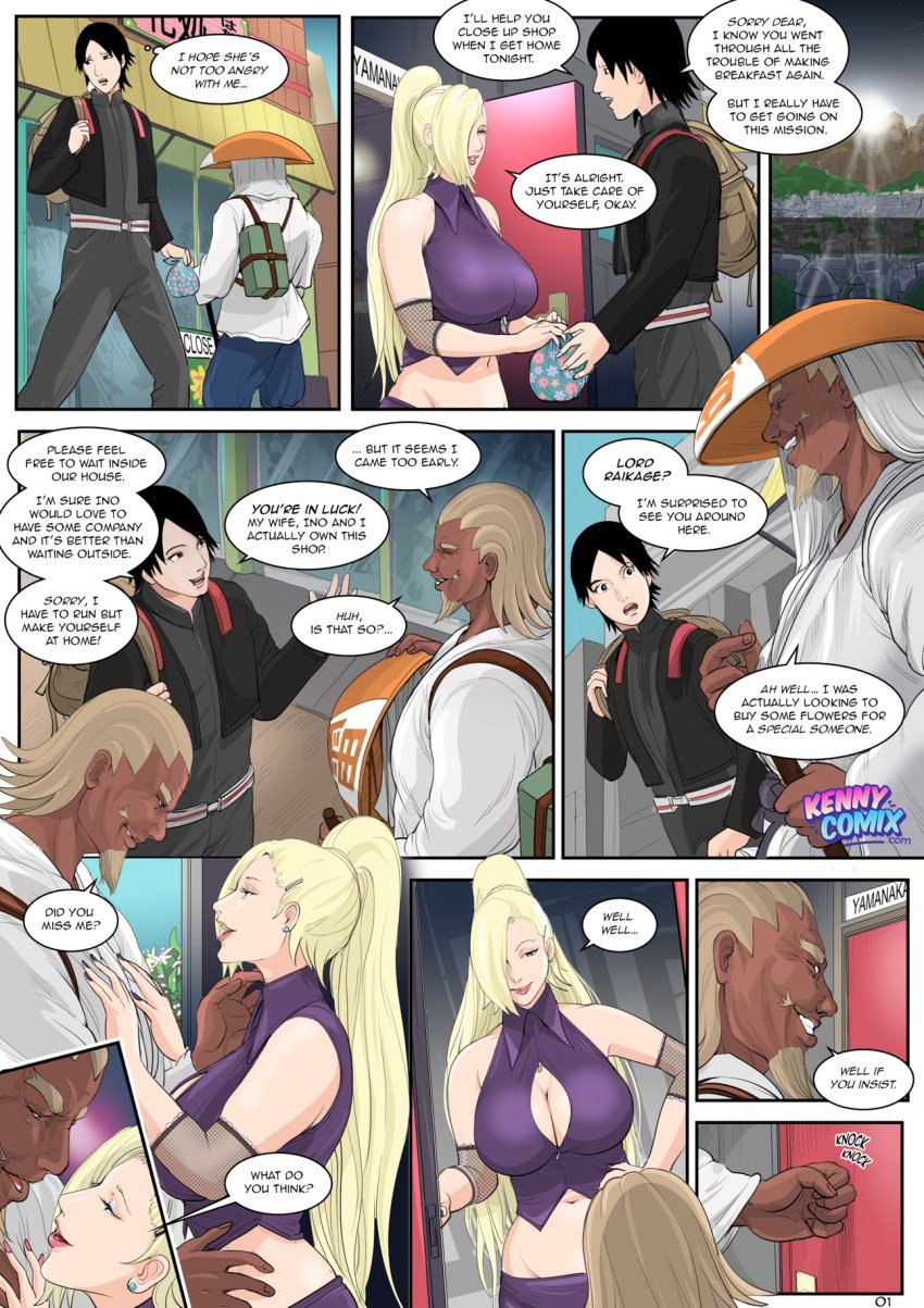 1boy 1girls big_breasts breasts busty cheating cheating_wife dark-skinned_male dark_skin english_text female hourglass_figure imminent_sex ino_yamanaka interracial kennycomix light-skinned_female light_skin male naruto naruto_(series) naruto_shippuden page_1 raikage raikage_art sai secrets_of_the_flower_shop_(comic) sex tagme wide_hips